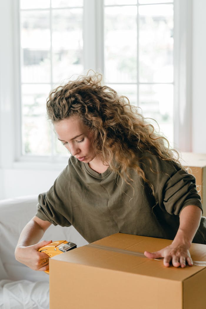 Concentrated young lady with curly hair sealing cardboard boxes with packaging tape at home against window